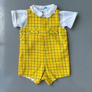 Vintage Yellow Plaid Baby Romper with White Collar